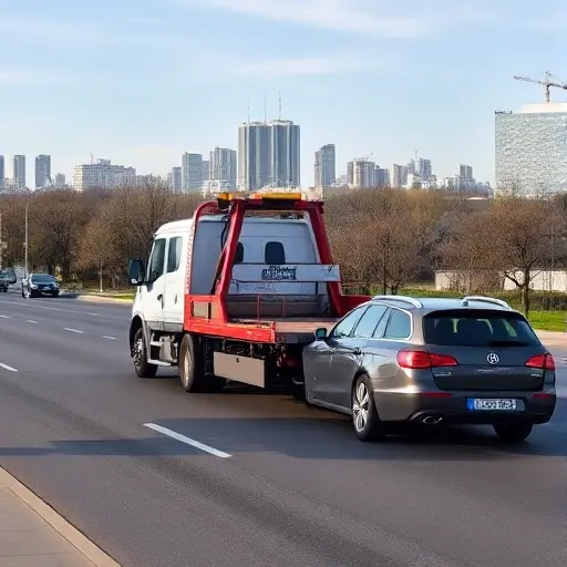 A tow truck parked on a Moscow street in Medvedkovo, with a car being towed, city skyline in background, clear sky, no text or logos