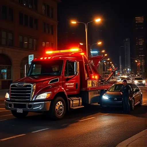 A modern tow truck with flashing lights parked beside a stranded car on a city street at night, illuminated by street lamps and city skyline lights, with a friendly driver standing next to the truck, conveying 24/7 readiness and reliable service