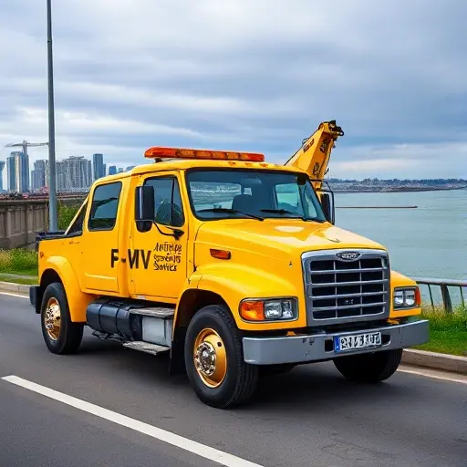 эвакуатор иркутск недорого A bright yellow tow truck parked on a street in Irkutsk, with the city skyline and river in the background, conveying a friendly and affordable service vibe, no text or lettering in the image