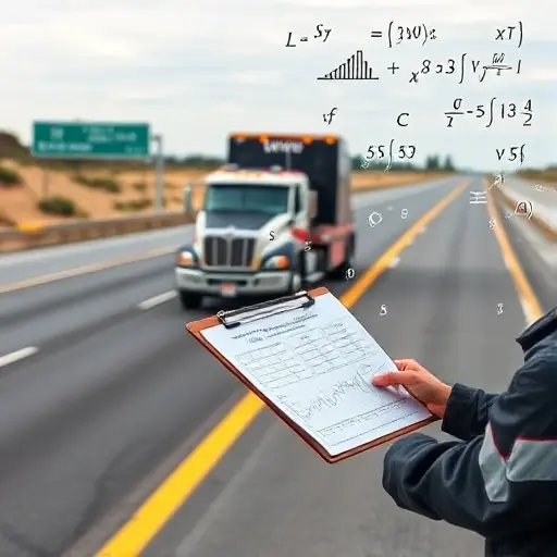 A realistic scene showing a tow truck driving along a highway with a road marker indicating distance, a mechanic holding a clipboard with charts and graphs, and a transparent overlay of mathematical symbols and formulas floating around, illustrating alternative methods of calculating towing costs without any visible text or numbers on the objects