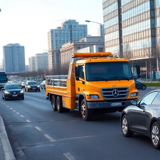 A realistic tow truck (evacuator) operating on a busy street in the northern part of Moscow, with recognizable Moscow architecture such as high-rise buildings and the Moscow River in the background, under a clear sky. The scene shows the tow truck assisting a vehicle, emphasizing the service aspect, with no text, logos, or people visible.
