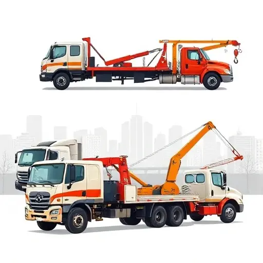 A detailed illustration of various types of tow trucks in Yoshkar-Ola, including flatbed, hook-and-chain, wheel-lift, and crane trucks, set against a subtle background of the city skyline, no text or lettering