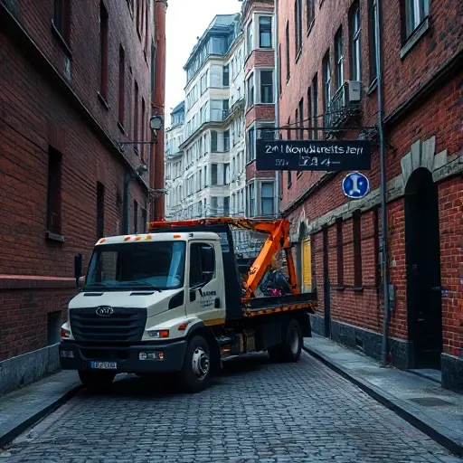 Эвакуатор в 2-м Новокузнецком переулке: Полное руководство A realistic tow truck parked in a narrow, cobblestone alley named 2nd Novokuznetsky Lane, with surrounding old brick buildings, street lamps, and a subtle urban atmosphere, no visible text or signage