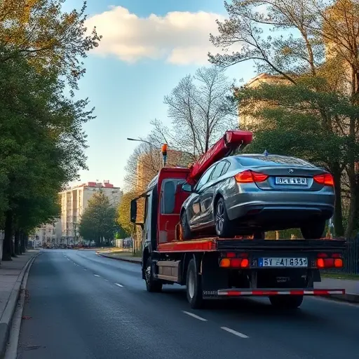 A realistic scene of a tow truck (evacuator) operating on a city street in the Chertanovo Yuzhnoye district of Moscow, with typical residential buildings, trees, and a paved road, showing the truck lifting a vehicle onto its platform under a clear sky