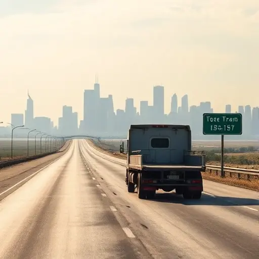 A tow truck traveling on a wide highway between two distant city skylines, with a clear road and a distance marker sign indicating the distance between the cities, all depicted in a realistic style, no text or numbers visible, no people, no other vehicles, no night scene, no weather effects
