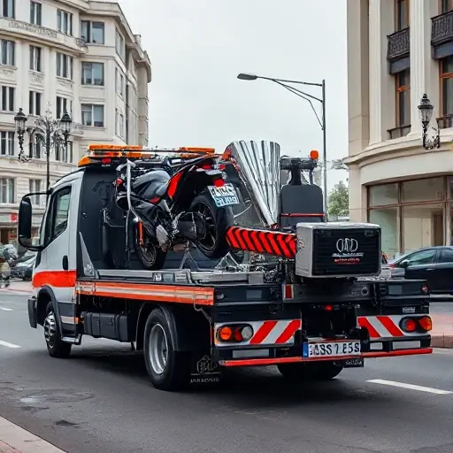 A tow truck parked on Bogucharskaya Street, equipped with a motorcycle lift and specialized heavy equipment, set against a city street backdrop with subtle architectural details, no people, no cars, no text, no digital overlays