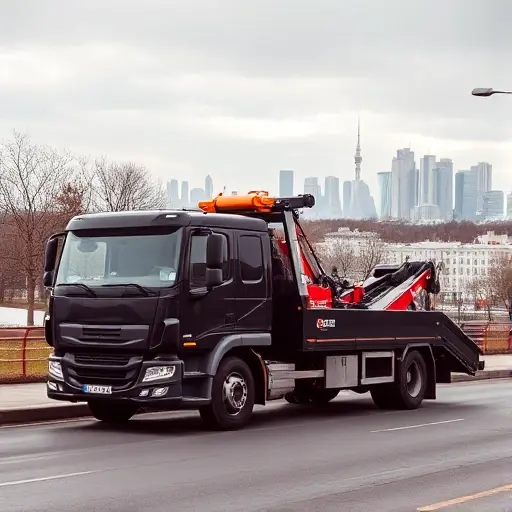 Эвакуатор Ивановское (Москва): Полное руководство A modern tow truck parked on a street in Ivanovskoye, Moscow, with the city skyline in the background, no people, no other vehicles, no text or logos.