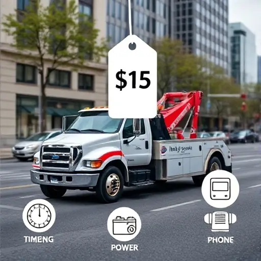 A tow truck parked on a city street with a floating price tag symbol. Around the truck, small icons represent additional services: a clock for time, a wrench for repair, a battery for power, and a phone for contact. No text or lettering appears in the image.