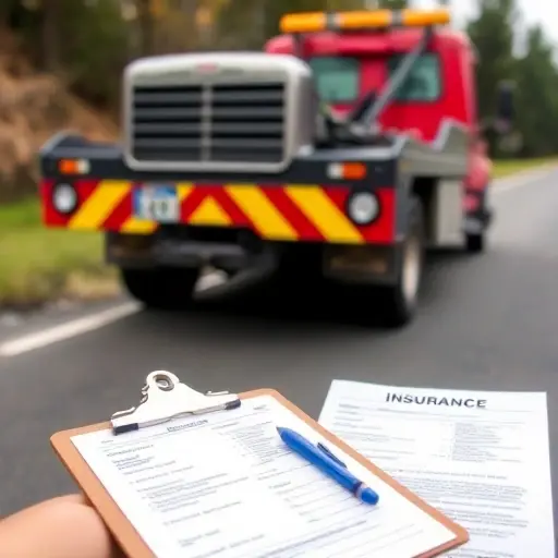 A towing truck parked on a roadside with a clipboard and a stack of paperwork beside it, showing a license plate, a registration card, and insurance documents, all depicted without any visible text or numbers, in a realistic style.