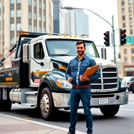A professional tow truck owner standing beside a modern tow truck on a city street, holding a clipboard with business plans, surrounded by a cityscape with traffic lights and a map, all in a realistic style, no text or logos in the image