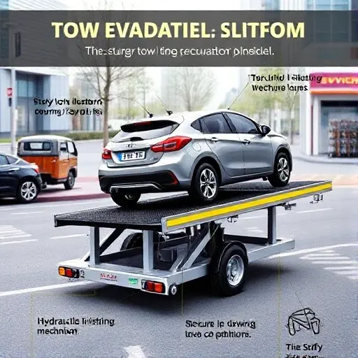 A detailed illustration of a tow truck platform (evacuator platform) showcasing its advantages: a sturdy low-loading platform with wheels, a hydraulic lifting mechanism, and a secure tie-down system. The scene shows the platform loading a compact car, highlighting its ability to transport vehicles of various sizes safely. The background is a clean urban street with subtle hints of a service depot, emphasizing efficiency and reliability. No text, logos, or people are present in the image.