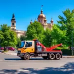 A tow truck parked on a quiet street in Zvenigorod, with historic architecture in the background, lush greenery, and a clear blue sky.