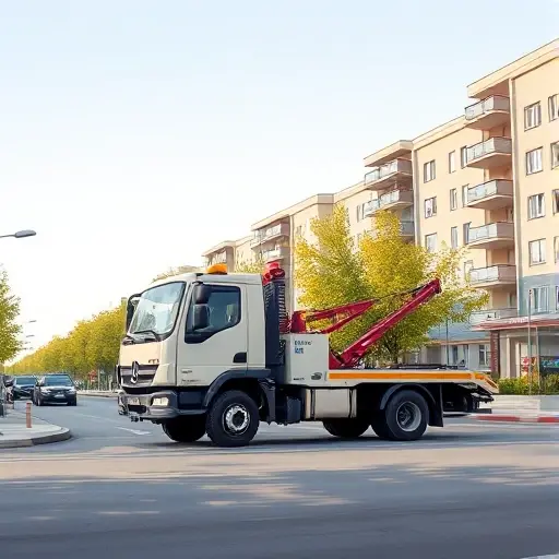 Эвакуатор Медведково, Москва: Полное руководство A realistic small-scale illustration of a tow truck (evakuator) parked on a quiet street in the Medvedkovo district of Moscow, with typical Russian apartment buildings and leafy trees in the background, under a clear sky, focusing on the vehicle and the urban environment without any text or signage