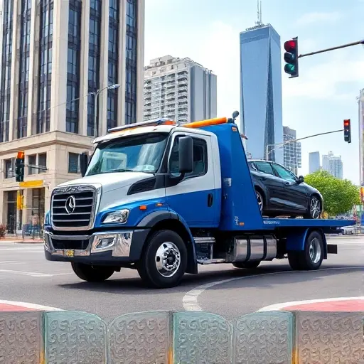 A modern tow truck parked on a city street, its flatbed raised to lift a car onto it. The tow truck is painted in a sleek blue and white color scheme with a subtle emblem on the side. The background shows tall buildings, traffic lights, and a clear sky, creating a realistic urban setting. The scene captures the motion of the tow truck and the car being towed, with detailed textures and lighting.