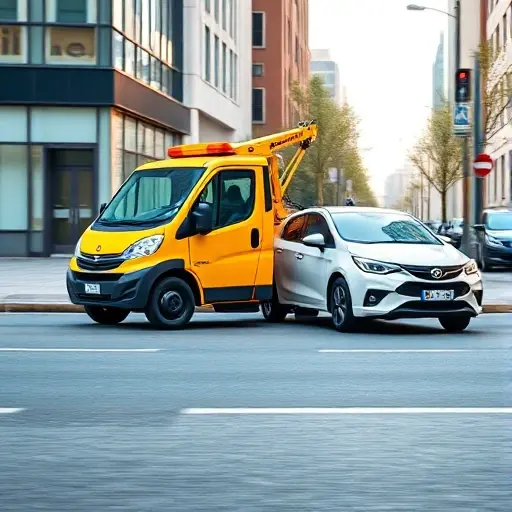 A compact, modern tow truck with a bright, friendly design parked beside a sleek, affordable car on a clean city street, showing the tow truck's hook ready to lift the car. The scene conveys speed and efficiency with motion lines and a subtle blur indicating quick service, all rendered in a vibrant, high-quality smallHQ style without any text or signage.