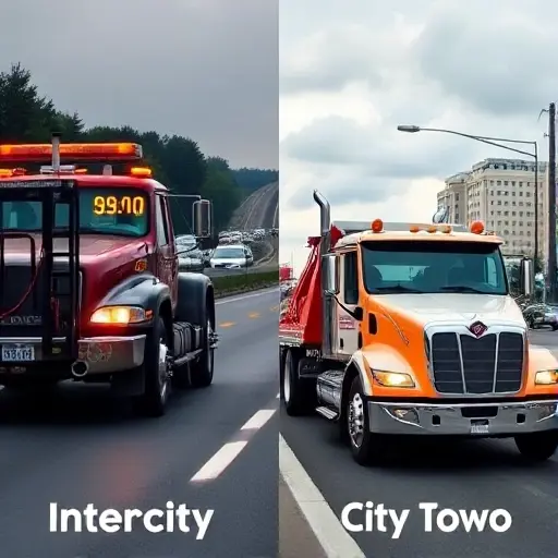 An intercity tow truck on a highway with a visible price tag, contrasted with a city tow truck in an urban setting, illustrating the differences between intercity and city towing services, no text or numbers in the image