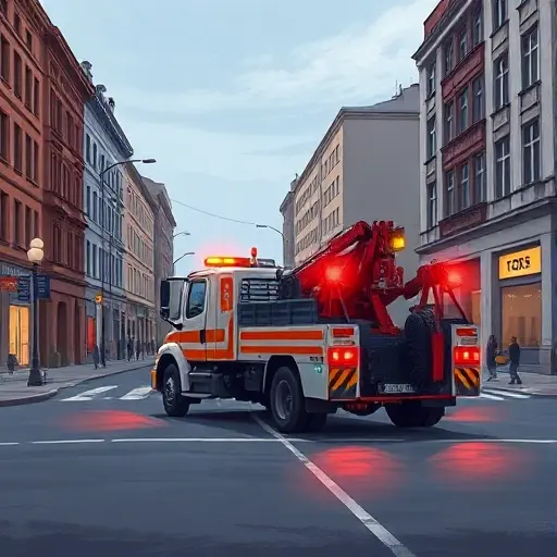 A realistic illustration of a tow truck on a city street named Baryshevskaya, showing the vehicle with its boom and lights, parked on the pavement surrounded by typical urban buildings, street lamps, and a calm atmosphere. The scene focuses on the tow truck and the street environment without any visible text, letters, or numbers.