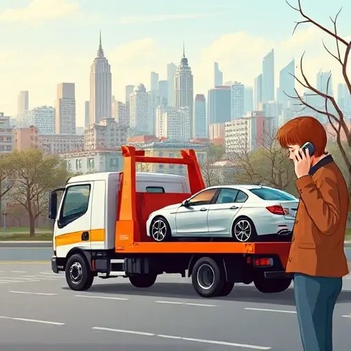 A tow truck parked in front of a recognizable Yoshkar‑Ola cityscape, with a car being towed, a person holding a phone and calling, all depicted in a realistic style with no text, letters, or digits visible