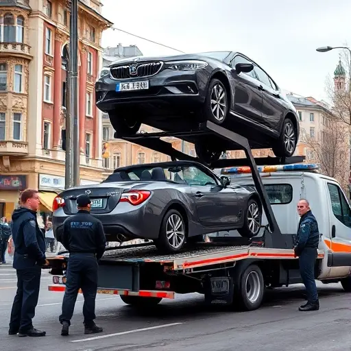 A realistic scene of a Moscow street with a parked car being lifted onto a tow truck by a tow operator, a police officer observing the process, typical Moscow buildings and architecture in the background, illustrating vehicle evacuation without any signage or text.