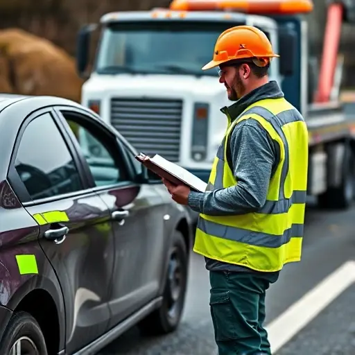 A tow truck driver in a reflective vest and safety helmet, standing beside a damaged car on a roadside, holding a clipboard and measuring tape, inspecting dents and scratches, with a tow truck in the background.