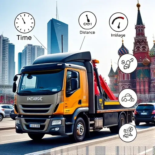 A modern tow truck (evacuator) parked on a busy Moscow street with recognizable landmarks such as the Moscow City skyscrapers and the Kremlin silhouette in the background. Around the truck, subtle visual elements represent factors influencing evacuation cost: a clock symbol for time, a fuel gauge icon for fuel consumption, a distance ruler for mileage, and a traffic jam illustration for congestion, all integrated without any text. The scene is bright, detailed, and realistic, fitting the "smallHQ" style.
