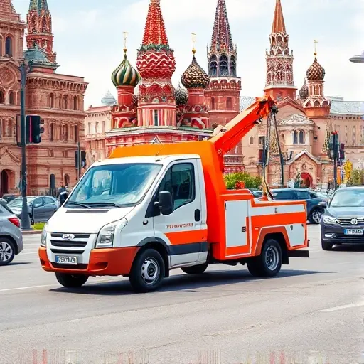 A realistic scene of a compact tow truck with a bright orange and white color scheme, positioned on a busy street in the heart of Moscow, with recognizable architecture such as the Kremlin towers and historic buildings in the background. The truck is shown helping a small car, emphasizing affordability and reliability, under a clear sky. The composition is vibrant yet detailed, suitable for a smallHQ style.