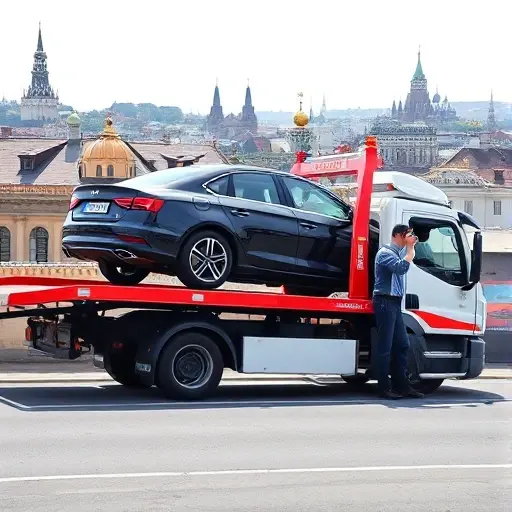 A professional car towing service in Moscow, showing a tow truck with a flatbed lifting a sedan, the driver checking a GPS device for the exact loading address, with Moscow cityscape in the background featuring recognizable rooftops and the Kremlin silhouette, clear daylight, realistic details, no visible text or signage