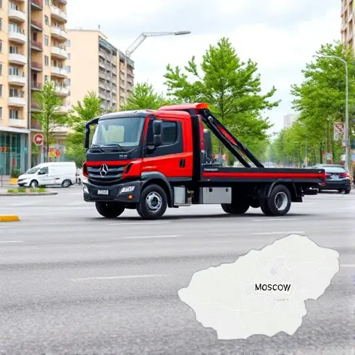 A realistic scene of a modern tow truck parked on a busy Moscow street in the South-Eastern Administrative Okrug, with recognizable local architecture such as apartment blocks and green park areas, a subtle map outline of the district in the background, and a sense of easy accessibility and proximity, all rendered in a compact high-quality style