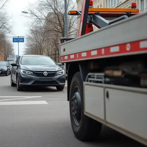 A realistic scene of a tow truck (evacuator) parked on Avangardnaya Street, with a broken-down car on the side showing visible technical malfunction, the tow truck's hook attached to the car, urban street background, daytime, no visible text or signage
