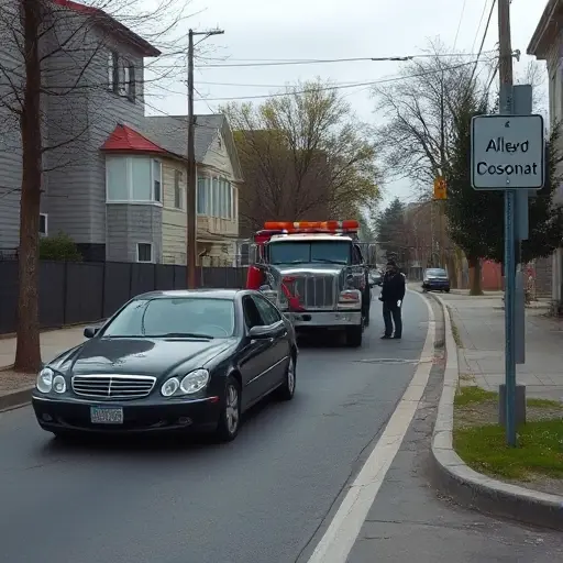 A realistic scene of a broken down car on a quiet urban street called Alley of Cosmonauts, with a tow truck pulling up beside the vehicle, the driver and tow operator standing nearby, the street lined with modest buildings and trees, a subtle road sign without any lettering, overcast sky, and a sense of a routine roadside assistance situation