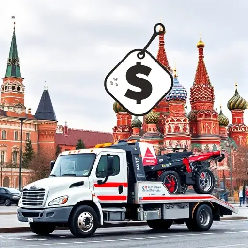 сколько стоят услуги эвакуатора в москве A tow truck parked near a recognizable Moscow landmark (e.g., Red Square or St. Basil's Cathedral) with a floating price tag icon (a stylized money symbol) hovering above it, no text or numbers visible, depicting the concept of towing service cost in Moscow.