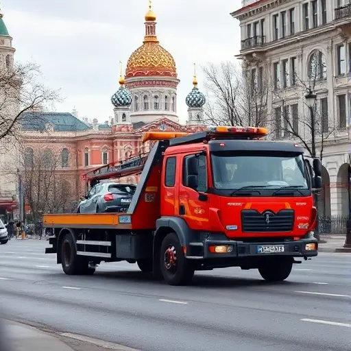 эвакуатор москва московская область стоимость A realistic scene of a tow truck (evakuator) on a Moscow street, with recognizable Moscow architecture such as the Kremlin dome in the background, the vehicle is pulling a car, urban daytime atmosphere, no text or signage