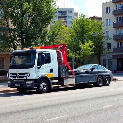 A realistic tow truck parked on a city street in the Rostokino district, with a damaged car being towed, surrounded by typical urban buildings and greenery, in a clear daytime setting, no text or signage visible