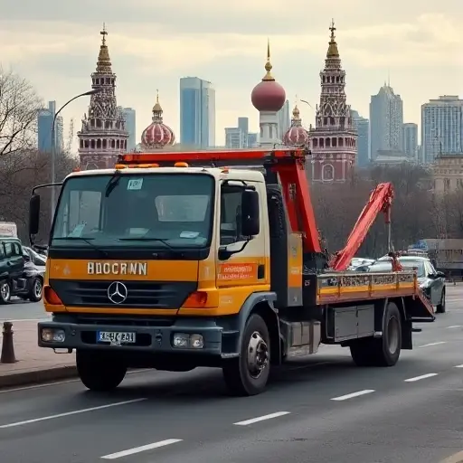 A used tow truck parked on a Moscow street, with the iconic Moscow skyline in the background, no text or lettering visible, no other vehicles or people in the foreground