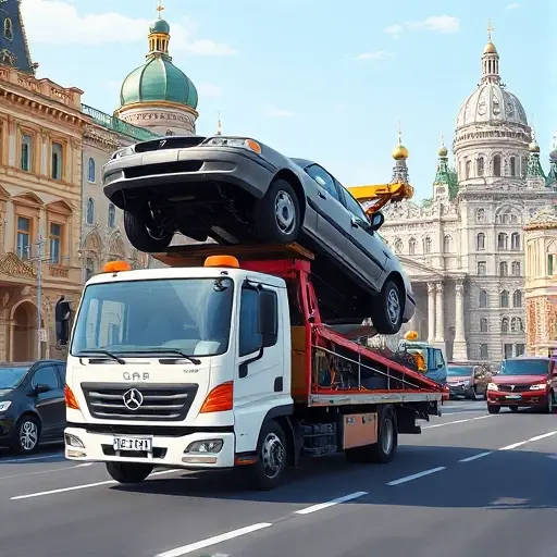 A realistic illustration of a modern tow truck (evacuator) operating on a busy Moscow street, with recognizable Moscow architecture such as the Kremlin dome or typical high-rise buildings in the background, showing the truck lifting a car onto its platform. The scene is daytime with clear sky, focusing on the tow truck and the city environment, without any text or signage.