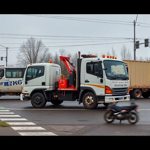 A tow truck parked on Bitsevsky crossing, with a passenger car, a cargo truck, and a motorcycle beside it, all in a realistic style, no text or signage