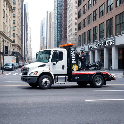 A realistic scene of a modern tow truck (evacuator) parked on a wide urban street named Avenue of Pilots, with a clean cityscape background, showing the truck's professional appearance, a driver in uniform, subtle hints of a license badge on the vehicle, and a sense of reliability and reputation, without any visible text, signs, or numbers