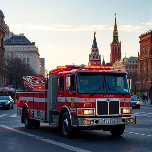 срочный эвакуатор в москве A fast-response tow truck with flashing lights driving through Moscow streets, with the Kremlin silhouette visible in the background under a clear sky, realistic smallHQ style