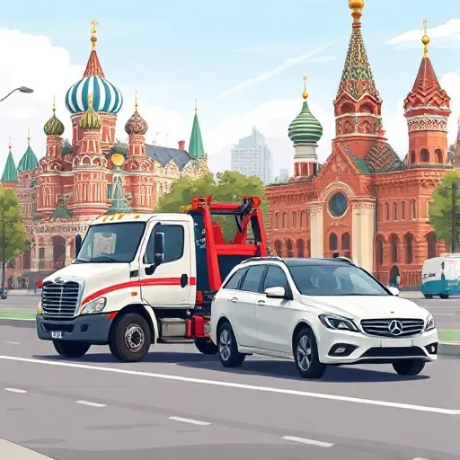 эвакуатор москва легковой A realistic smallHQ style illustration of a tow truck in Moscow pulling a passenger car, with recognizable Moscow city elements such as the Kremlin silhouette or typical Moscow street architecture in the background, clear daytime sky, no text or signage