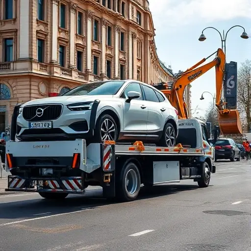 A modern tow truck in a Moscow city street, loading a brand-new car onto its flatbed, with additional specialized heavy machinery (such as a construction excavator) being secured nearby. The scene shows recognizable Moscow architecture in the background, like a classic building facade and street lamps, under a clear sky. The focus is on the vehicles and equipment, with no text or signage visible.
