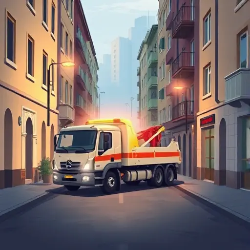 A realistic illustration of a tow truck (evacuator) positioned on a narrow urban street called Kolobovsky Lane, with surrounding residential buildings, street lamps, and a subtle guidebook atmosphere, focusing on the vehicle and the street environment without any visible text or signage.