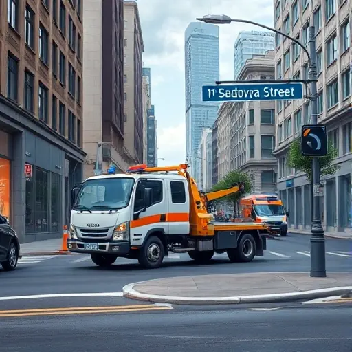 Эвакуатор на 1-й Садовой улице: Полное руководство A realistic city street scene showing a tow truck (evacuator) parked on the curb of 1st Sadovaya Street, with surrounding urban buildings, streetlights, and a clear view of the street name on a subtle street sign, but without any visible text or lettering on the vehicles or signs. The focus is on the tow truck and the street environment, captured in a detailed, high-quality illustration.