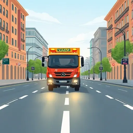 A realistic illustration of a tow truck (evacuator) driving on a city street called 4th Luchnaya Prospekt, with surrounding buildings, streetlights, and a clear sky, focusing on the vehicle and the road, no visible text or signage.