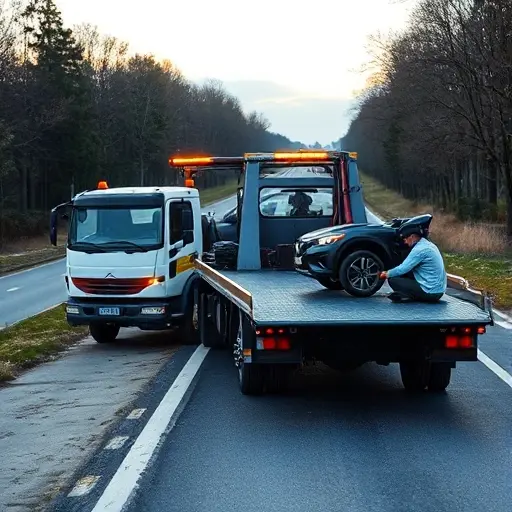 A tow truck (evakuator) on a roadside in the Moscow region, with a mechanic assisting a stranded car: one side showing the mechanic connecting jumper cables to start the engine, the other side showing the mechanic changing a tire, all set against a typical Russian suburban landscape with trees and a paved road, realistic lighting, no text or logos