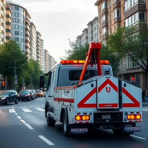 A realistic scene of a modern tow truck (evacuator) parked on a busy Moscow street in the Maríno district, with typical Russian apartment buildings and trees in the background, showing the truck's hook and lights, under a clear sky, no text or signage visible
