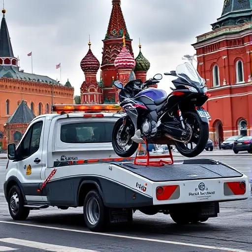 A modern tow truck carrying a motorcycle, parked near the Red Square in Moscow, with the iconic St. Basil's Cathedral in the background, no people or other vehicles visible