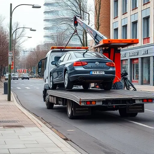 A realistic scene of a tow truck (evacuator) parked on Avangardnaya Street, with the truck's hook attached to a specific car model (e.g., a sedan) being lifted onto the truck's platform. The street should have typical urban elements like sidewalks, streetlights, and buildings, but no visible text, signs, or license plates. The focus is on the tow truck and the car model being towed.