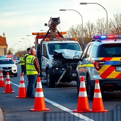 A professional tow truck (evacuator) positioned at a road accident scene, with safety cones and reflective barriers surrounding a damaged vehicle. Emergency responders in high‑visibility vests are directing traffic, while a police car with flashing lights stands nearby. The atmosphere is orderly and focused on safety, with clear sky and a calm urban street background. No text, logos, or graphic injuries are visible.