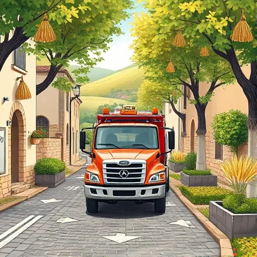 A detailed illustration of a tow truck (evacuator) parked on a charming, tree-lined alley called Golden Sheaf Alley, highlighting the sub‑geographic features of the area: cobblestone pavement, low stone walls, bundles of golden wheat sheaves hanging overhead, small garden plots, a gentle slope leading to distant rolling hills, and soft daylight sky. The focus is on the vehicle and the unique local environment, without any signage or text.
