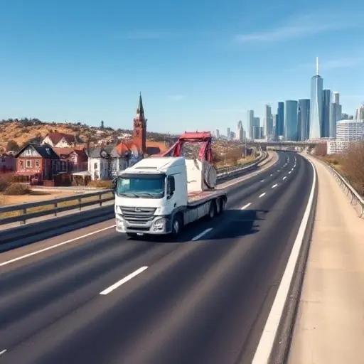 A reliable tow truck driving on a highway connecting a historic town with traditional architecture to a modern city skyline, showing a clear road, a blue sky, and subtle hints of a map route without any text or symbols, emphasizing professionalism and safety
